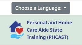 Language dropdown menu on mahomecaretraining.org